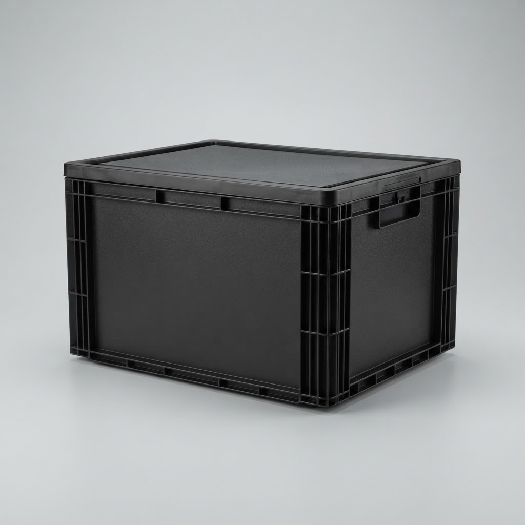 A sturdy black reusable Unboxed eurobox with the vertical logo on the front