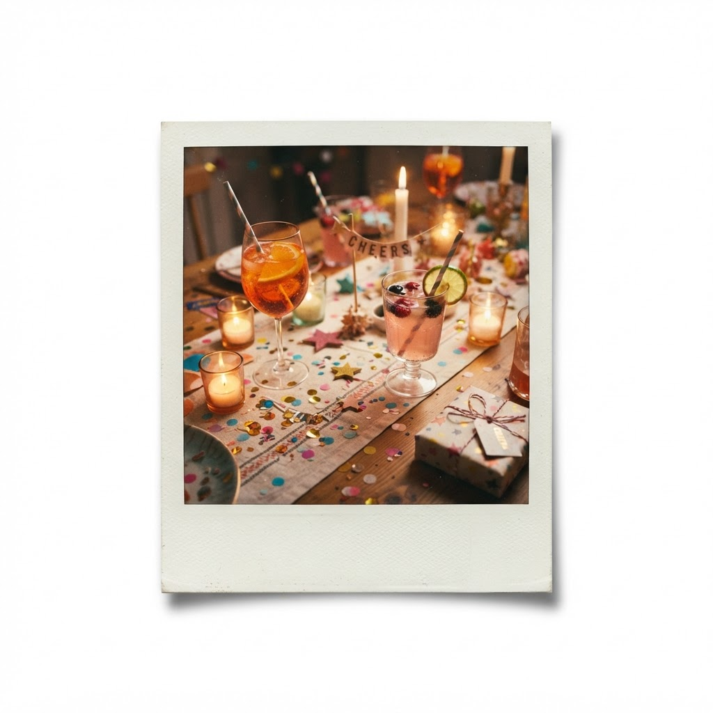 A polaroid of a party table styled with fun add-ons, drinks and decor